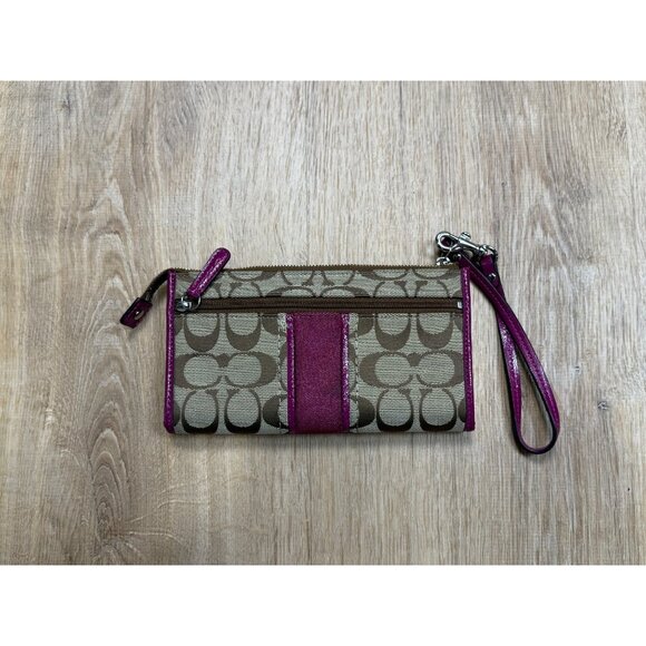 Y2K Coach Signature Canvas & Leather Wristlet Wallet Khaki & Berry - Picture 3 of 6